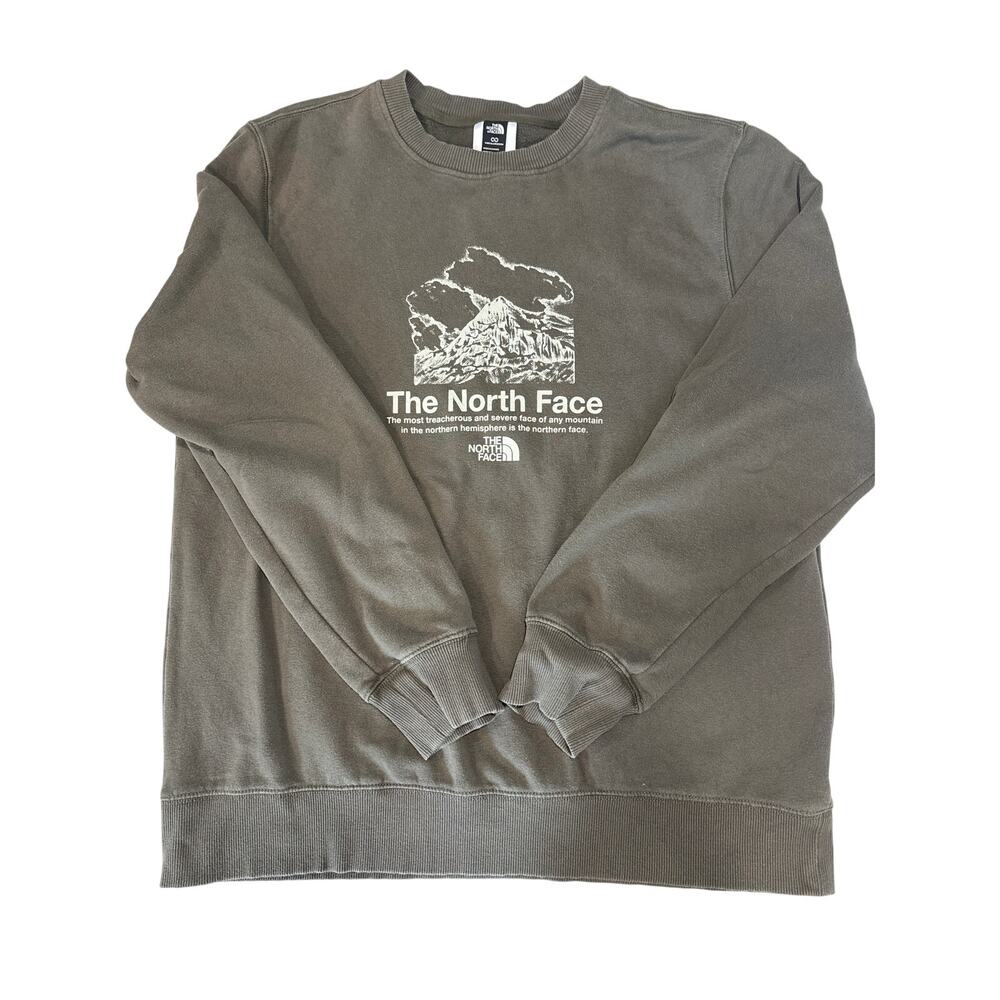 The North Face Men's Large Sweatshirt Olive Crewneck Mountain Graphic Pullover